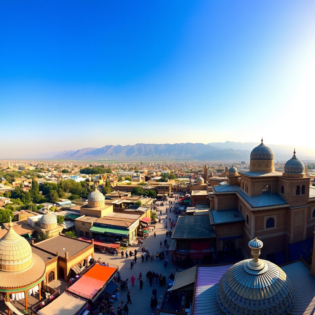 A breathtaking panoramic view of Hamedan, Iran, showcasing the stunning natural landscape with verdant mountains in the background, ancient historical sites like the Tomb of Avicenna and the Ganjnameh Inscriptions