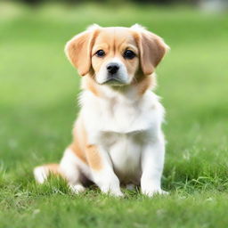 A cute dog with shiny fur, bright eyes, and a wagging tail, sitting on a green grass field.