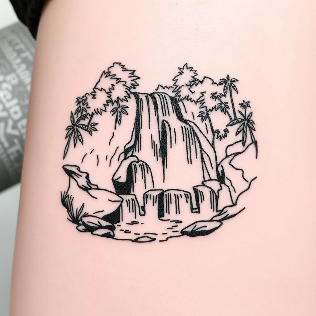 A minimalistic black and white tattoo design featuring the Sekumpul Waterfall in Bali