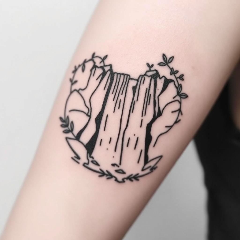 A minimalistic black and white tattoo design inspired by Sekumpul waterfall in Bali
