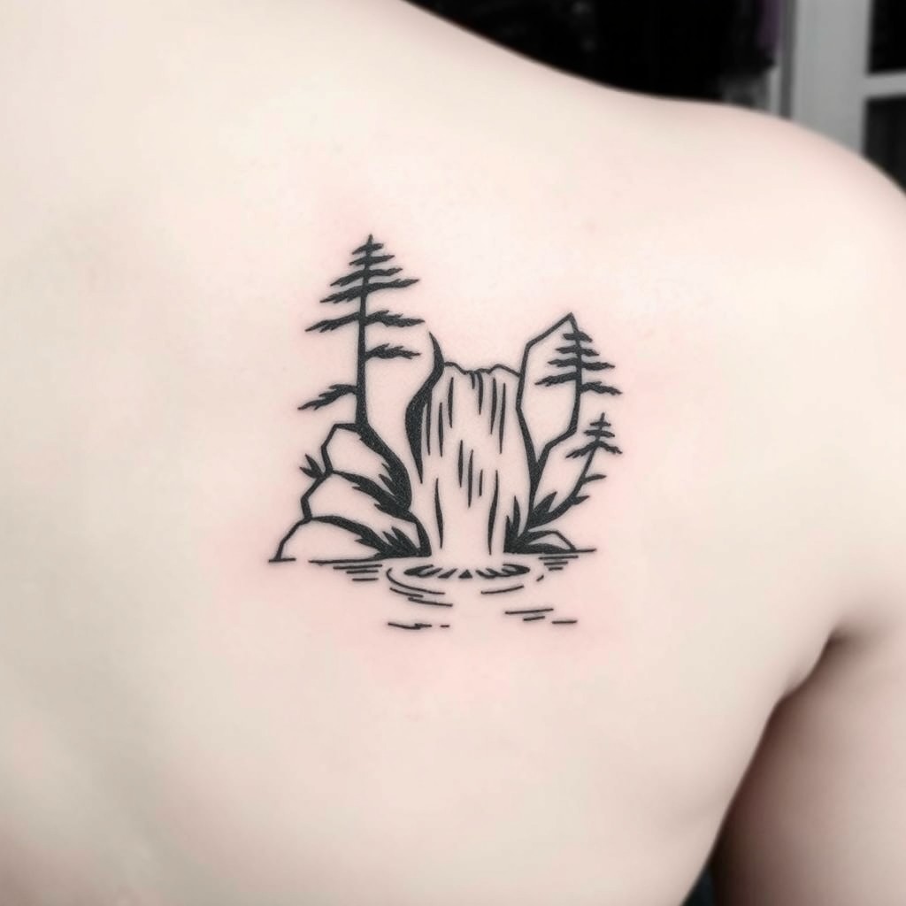 A minimalist black and white tattoo design inspired by Sekumpul waterfall in Bali