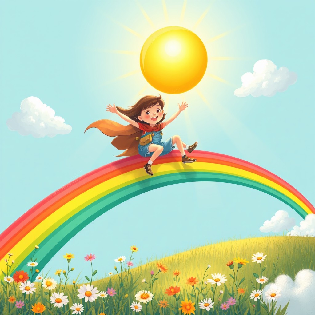A whimsical portrayal of two adventurous figures riding on a vibrant, colorful rainbow that arches across a bright blue sky, with a golden sun shining overhead