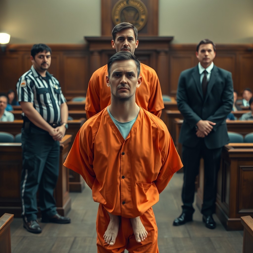 A realistic scene in a contemporary American courtroom showcasing a handsome white man in his early to mid-30s wearing an orange prison jumpsuit, appearing somber and anxious as he stands before the judge, about to be sentenced, with his bare feet visible in jail slides