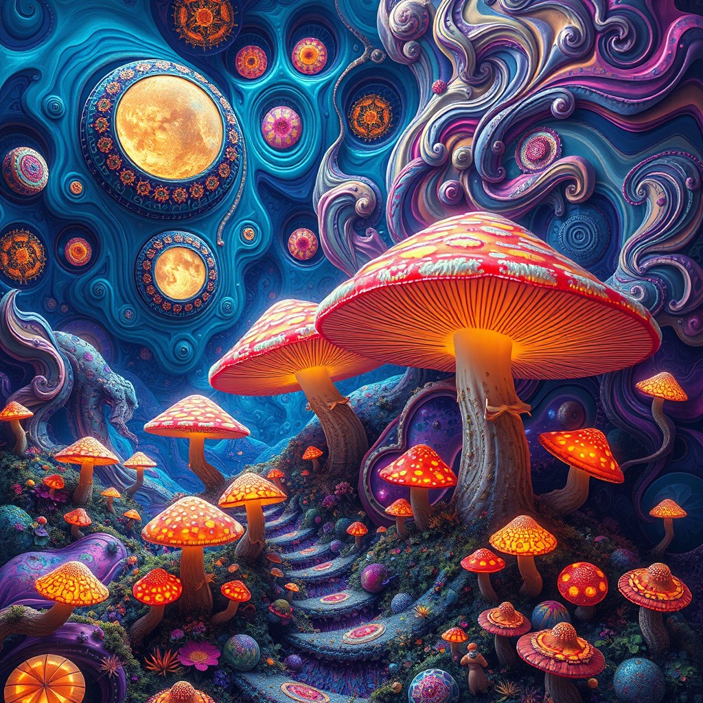 A surreal and mesmerizing vision inspired by magic mushrooms, particularly the Golden Teacher variety