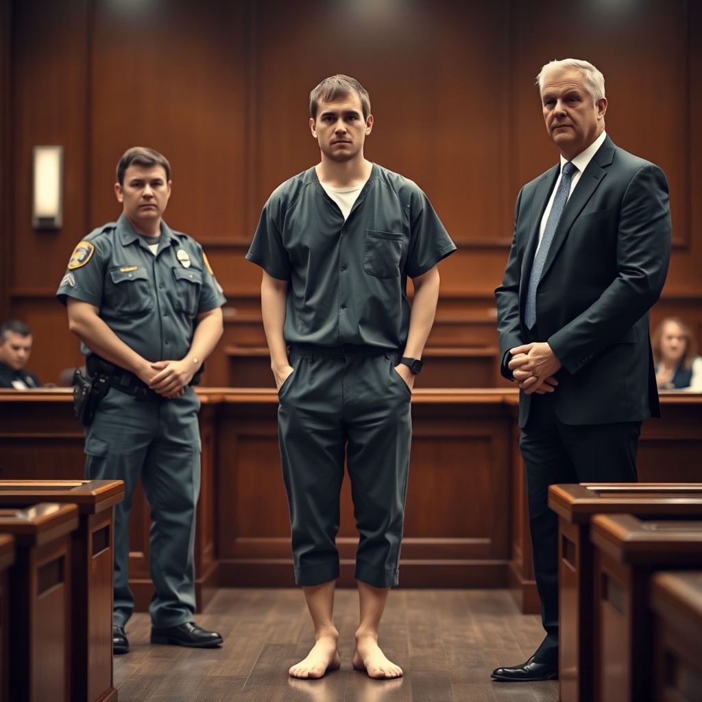 In a contemporary American courtroom, a handsome white man in his early to mid-30s stands at the center, wearing a prison jumpsuit and jail slides that expose his bare feet