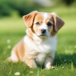 A cute dog with shiny fur, bright eyes, and a wagging tail, sitting on a green grass field.