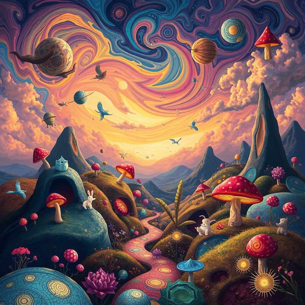 A vivid and surreal landscape depicting the visions experienced under the influence of magic mushrooms
