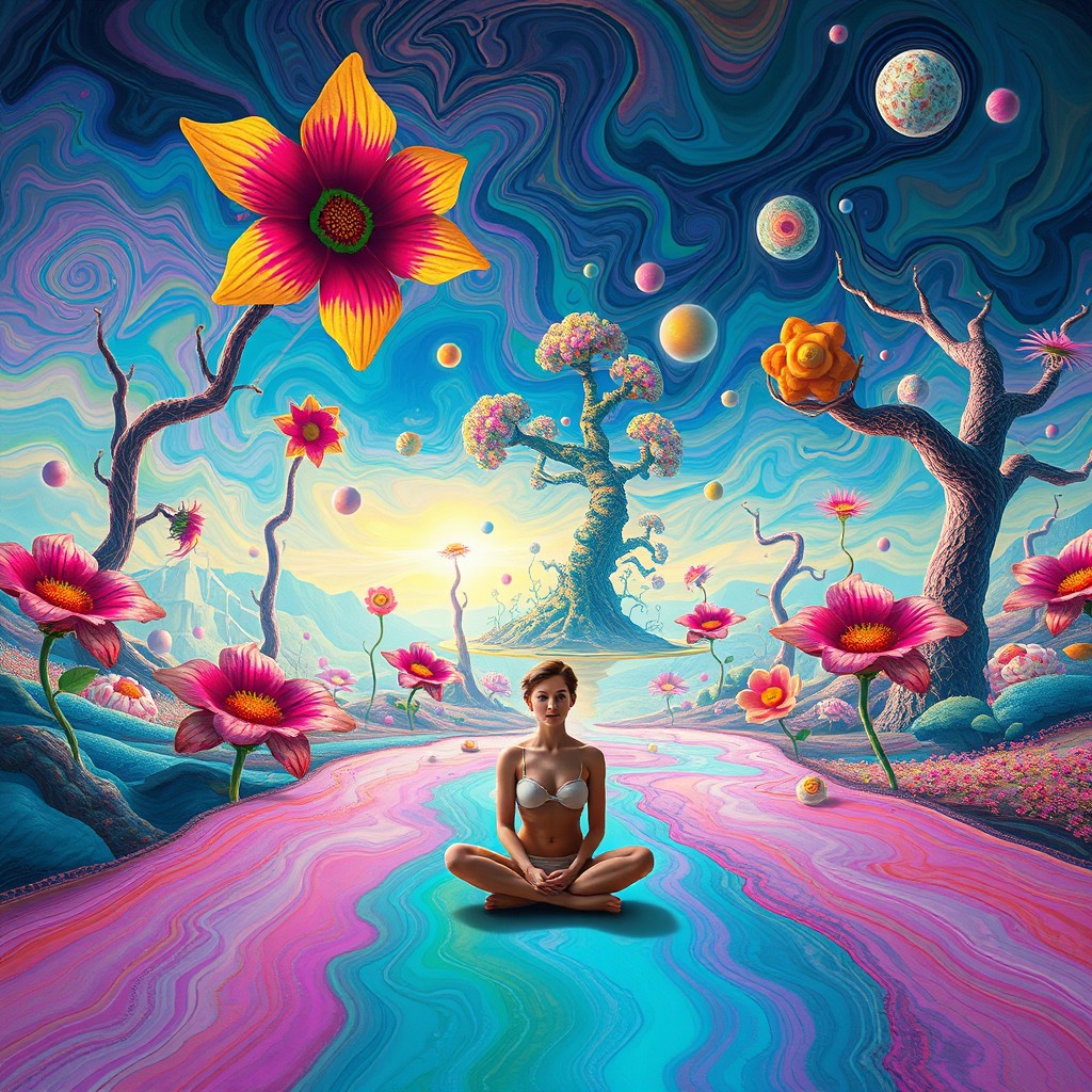 A surreal landscape representing a vivid vision of illusions experienced on Salvia, featuring swirling colors, distorted shapes, and ethereal light