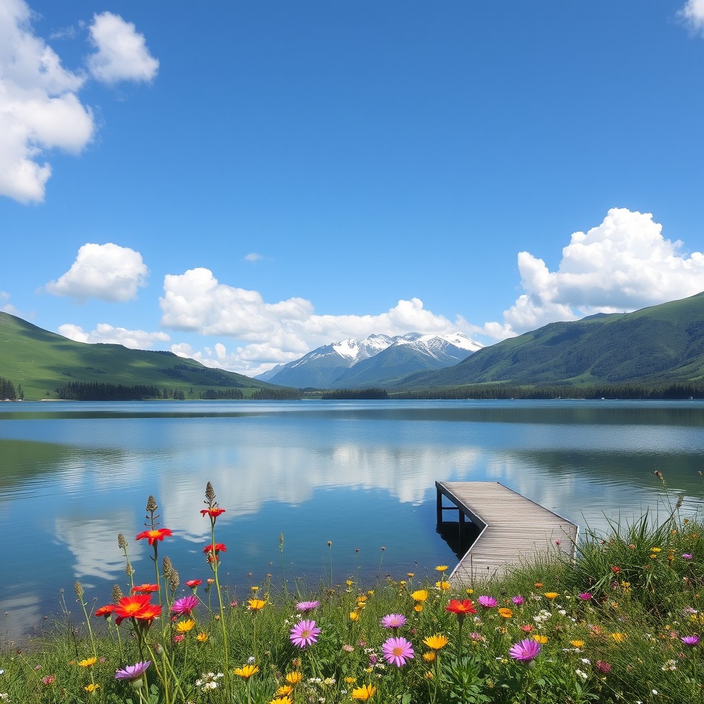 A serene, picturesque landscape featuring a calm lake surrounded by lush green hills, with a clear blue sky and fluffy white clouds