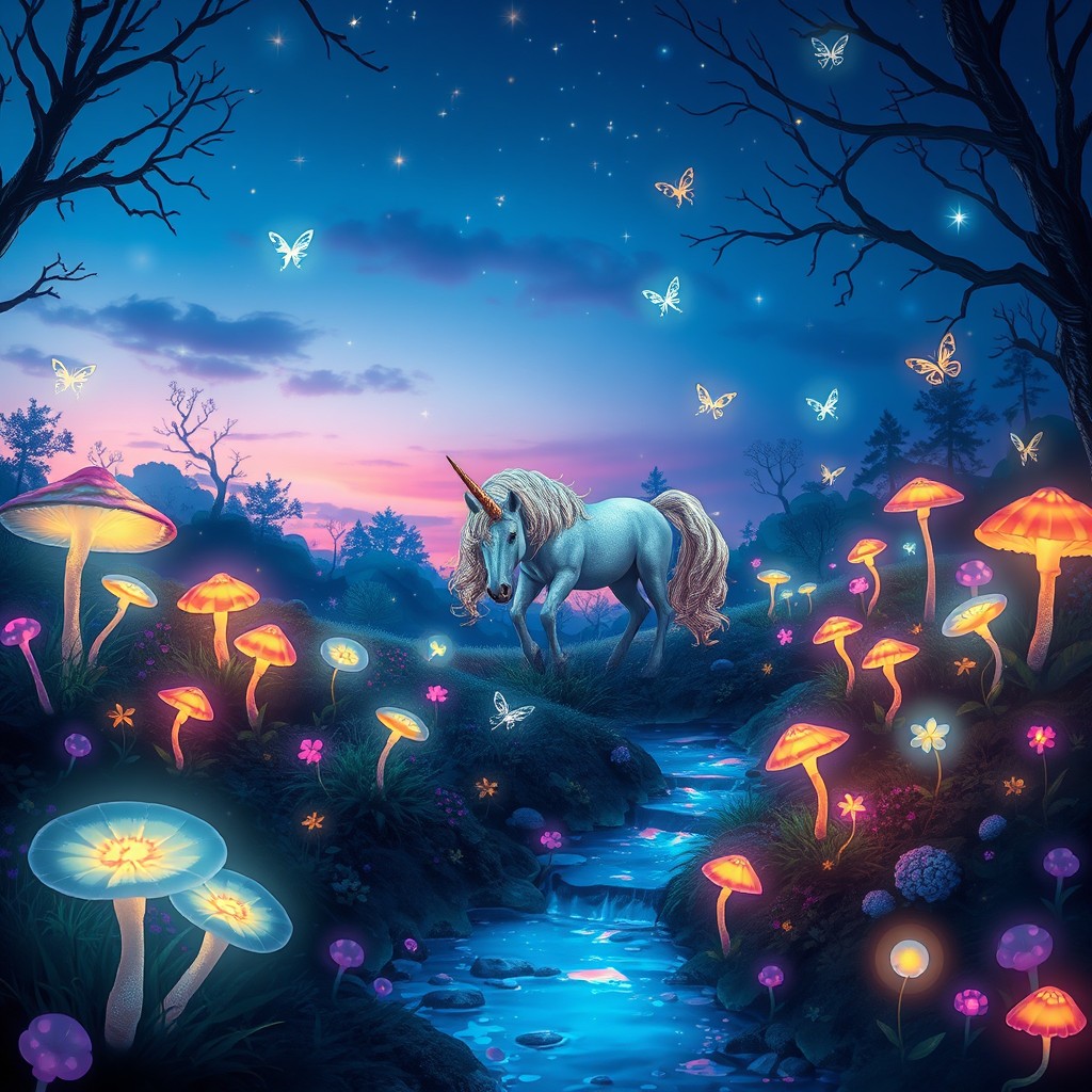 A whimsical fantasy scene depicting a magical forest filled with bioluminescent plants and mythical creatures