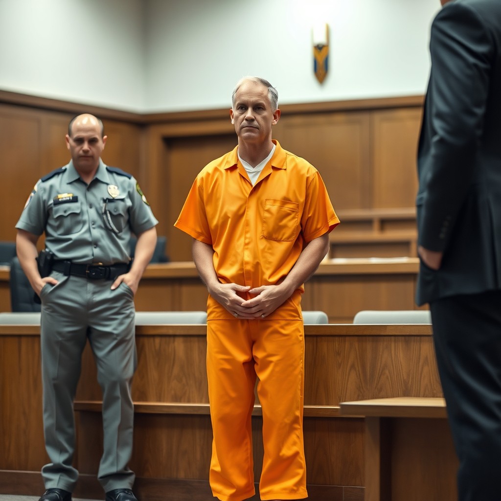 In a contemporary American courtroom, a handsome white man in his early to mid-30s stands as a prisoner, wearing a standard orange prison jumpsuit and orange jail slides with no socks, exposing his bare feet