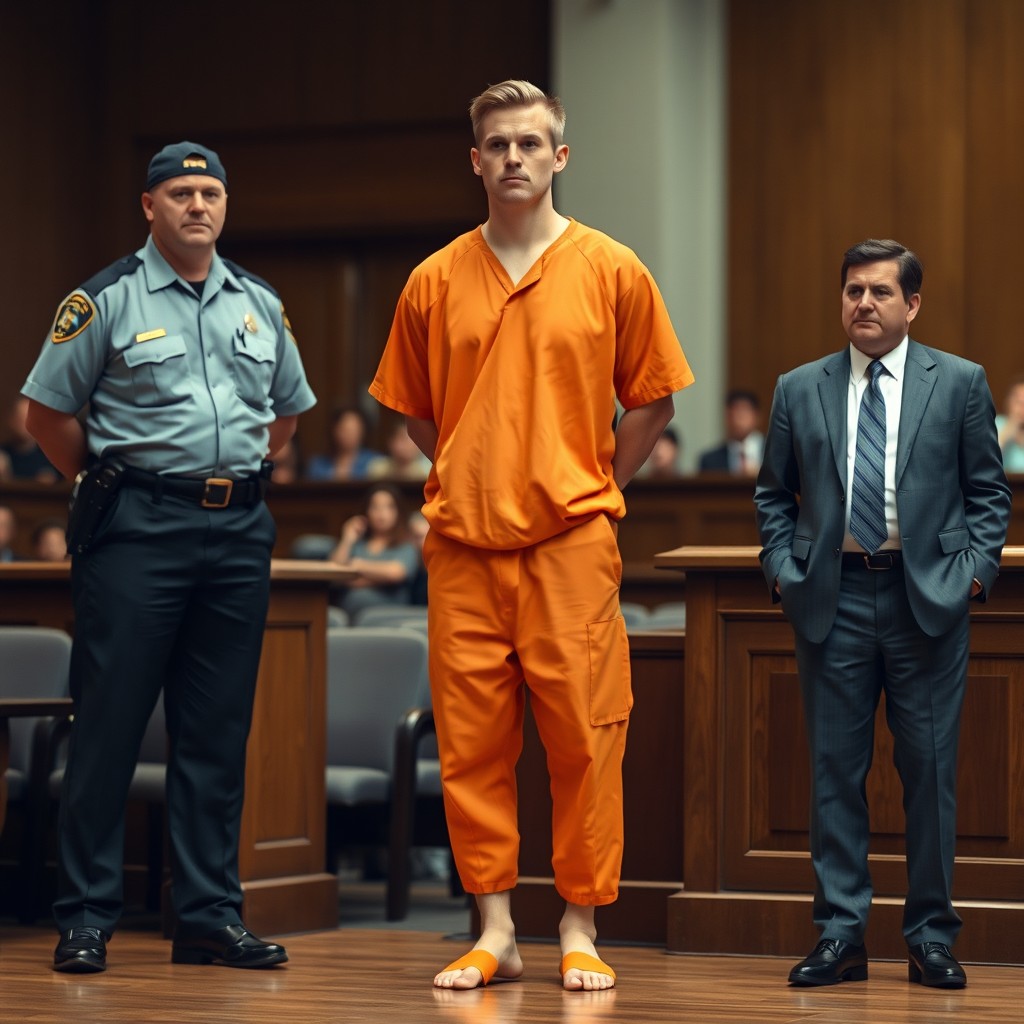 In a contemporary American courtroom setting, a handsome white man in his early to mid-30s stands as a prisoner, wearing a bright orange prison jumpsuit and orange jail slides that expose his bare feet