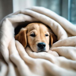 A golden retriever puppy sleeping soundly in a cozy woolen blanket. Around the puppy, it's a cold winter's night with snow gently falling outside a frosted window.