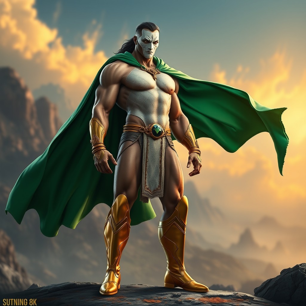 A tall, muscular, clean-shaven Indian superhero in a high fantasy setting