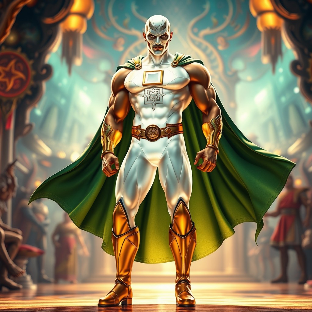 A stunning, high-resolution 8k image of a tall, muscular Indian superhero in a full-length pose, set in a high fantasy environment
