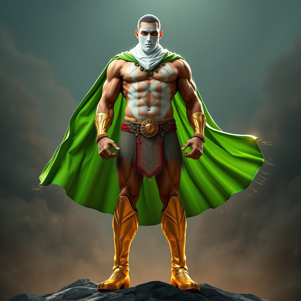 A tall, muscular Indian superhero in a high fantasy setting