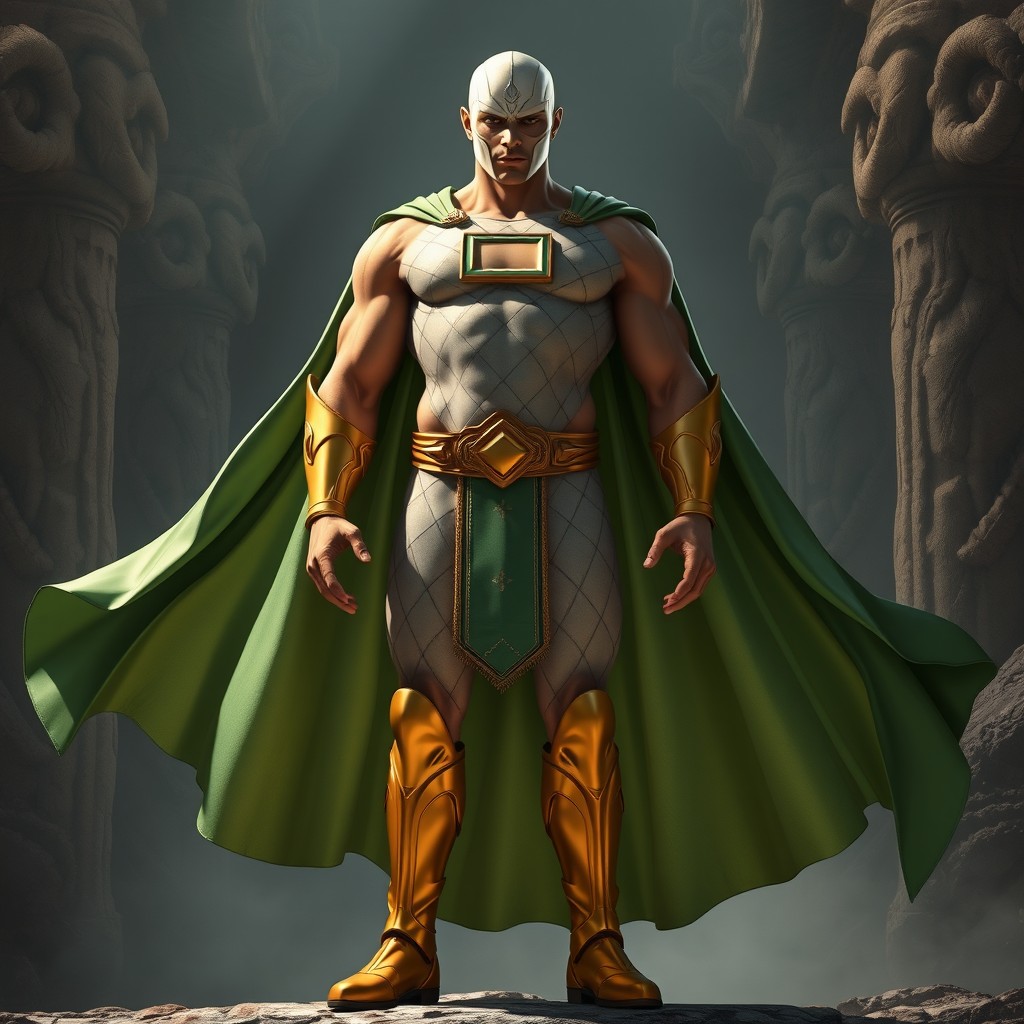 A tall, muscular, clean-shaven Indian superhero standing proudly in a high fantasy setting
