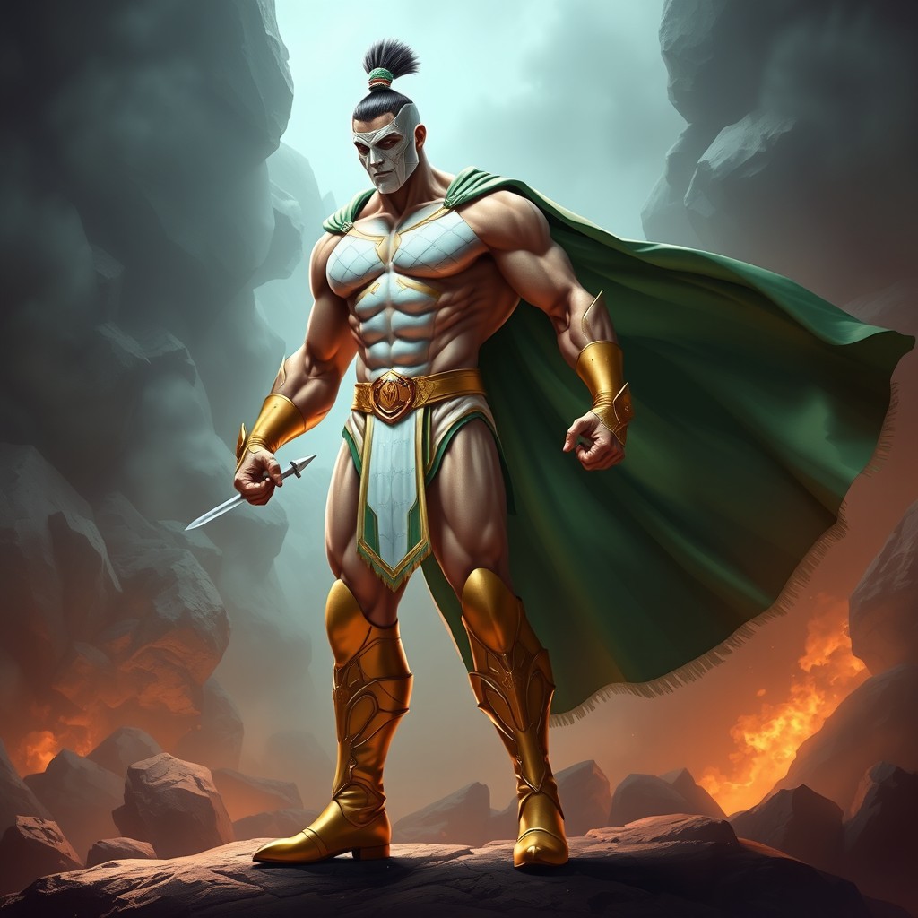 A tall, muscular Indian superhero standing in a powerful pose, showcasing intricate details of his physique