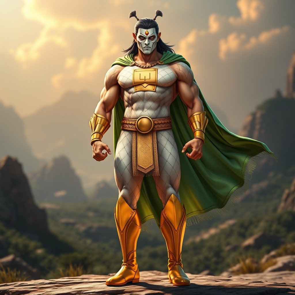 A tall, muscular Indian superhero standing confidently in a powerful pose