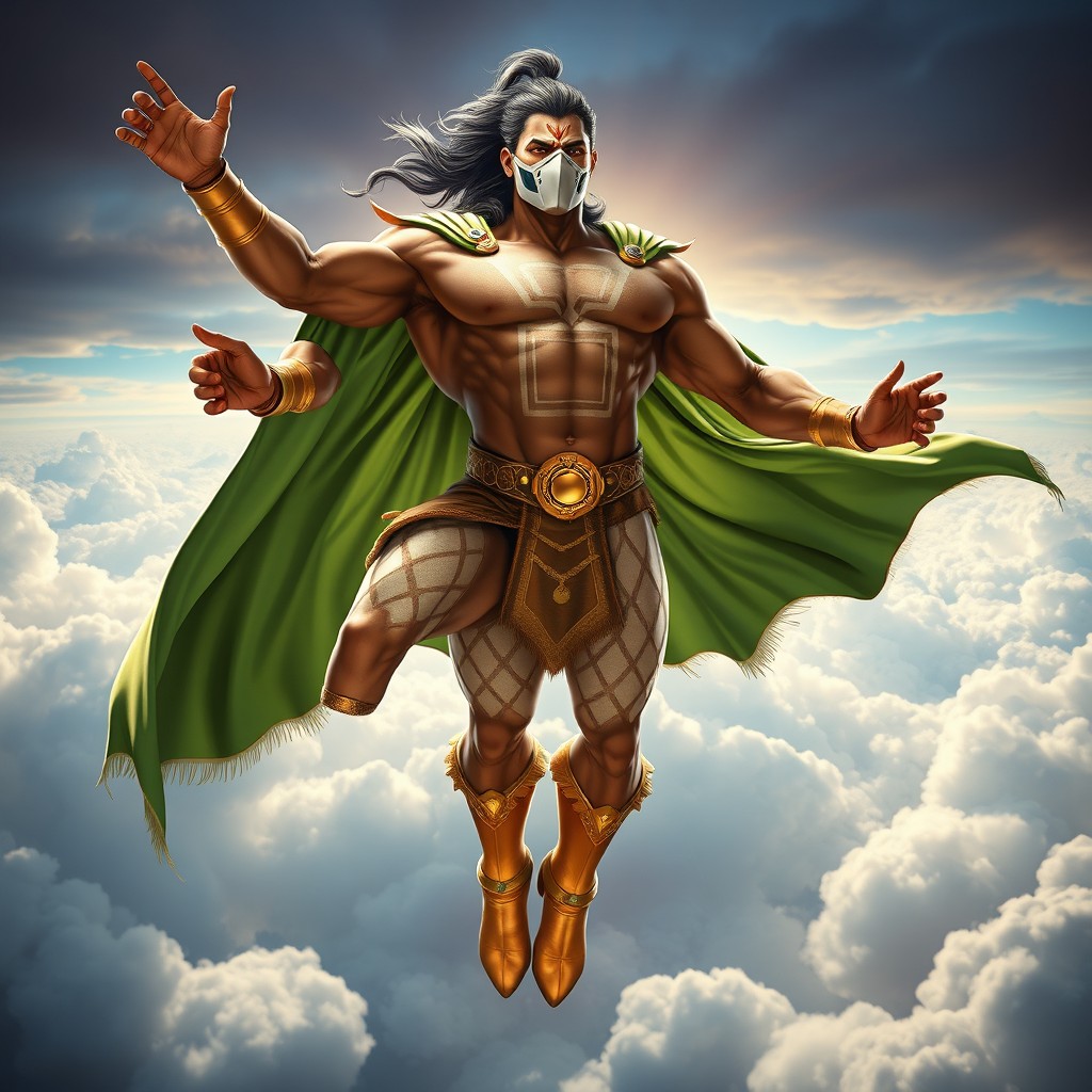 A tall, muscular Indian superhero soaring through the sky in a flying pose, showcasing intricate details of his impressive physique