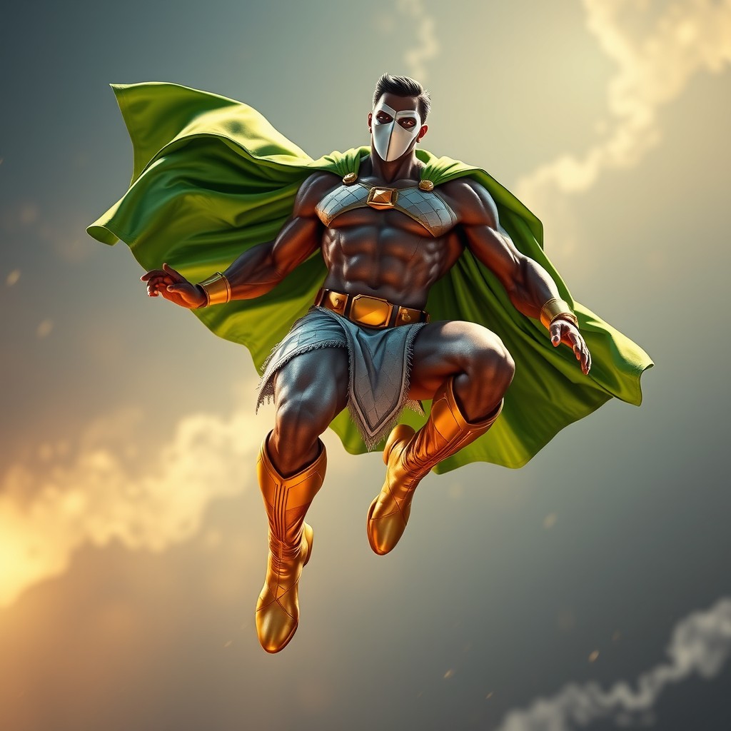 A tall, muscular Indian superhero flying through the air in a full-length pose, displaying intricate details of his physique