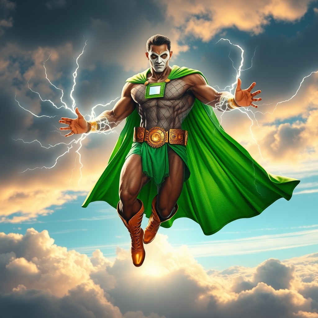 A tall, muscular Indian superhero soaring through the sky in a full-length pose, exhibiting hyper-detailed features that highlight his strength and heroic nature