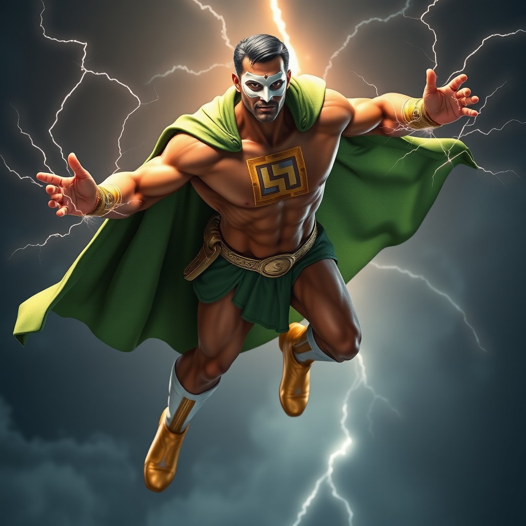 A tall, muscular Indian superhero in a dynamic flying pose, rendered in stunning 8k resolution