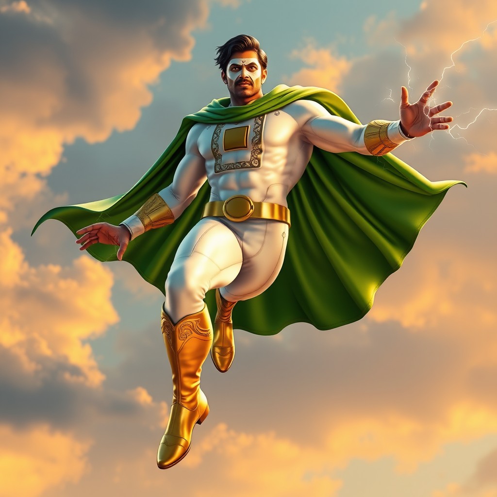 A tall, muscular Indian superhero soaring through the sky in a full-length flying pose, captured in stunning 8k resolution