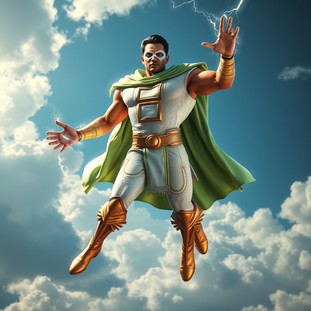 A tall, muscular Indian superhero soaring through the sky in a full-length flying pose, captured in exquisite 8k resolution