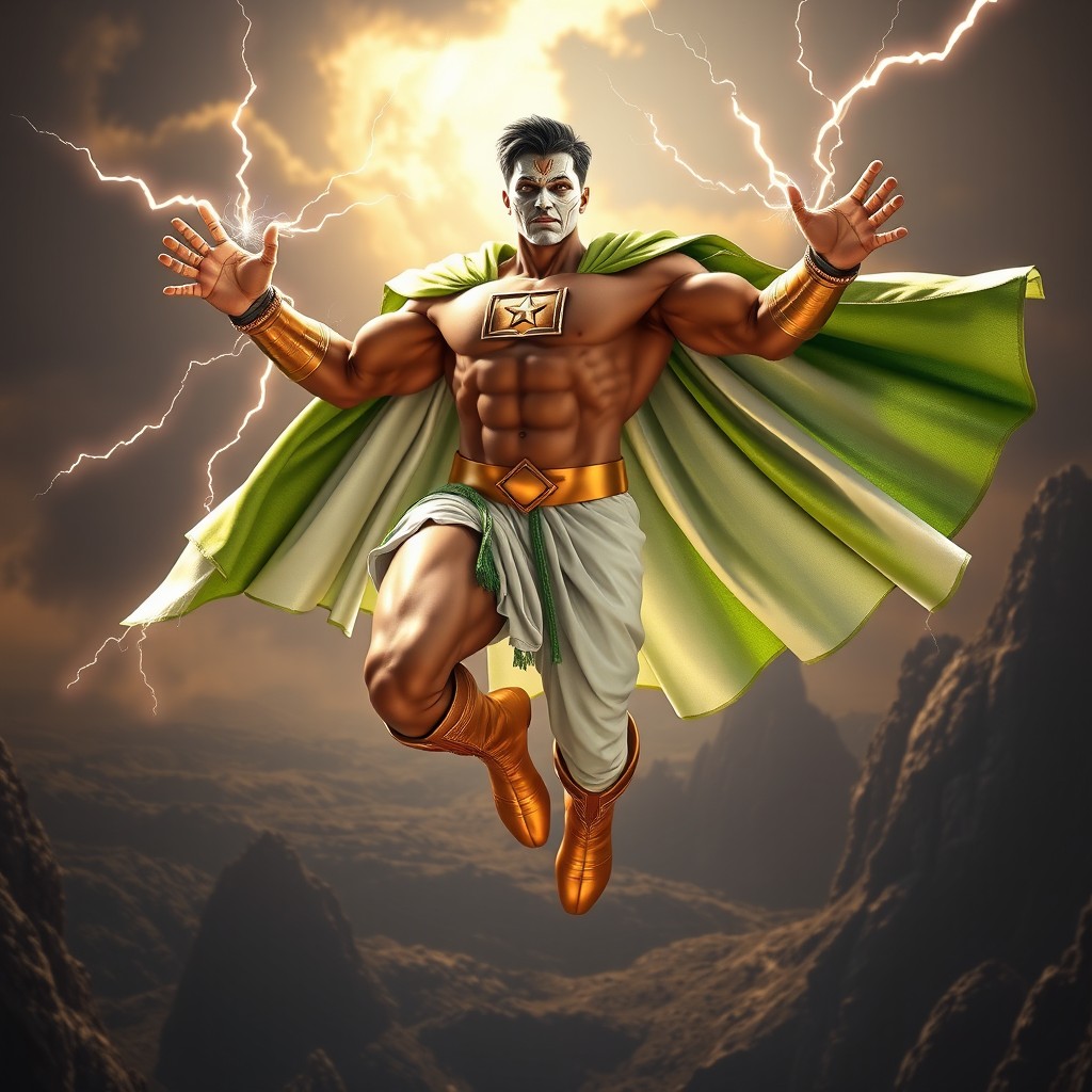 A tall, muscular Indian superhero in a dramatic full-length flying pose, exquisitely rendered in 8k resolution