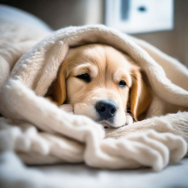 A golden retriever puppy sleeping soundly in a cozy woolen blanket. Around the puppy, it's a cold winter's night with snow gently falling outside a frosted window.