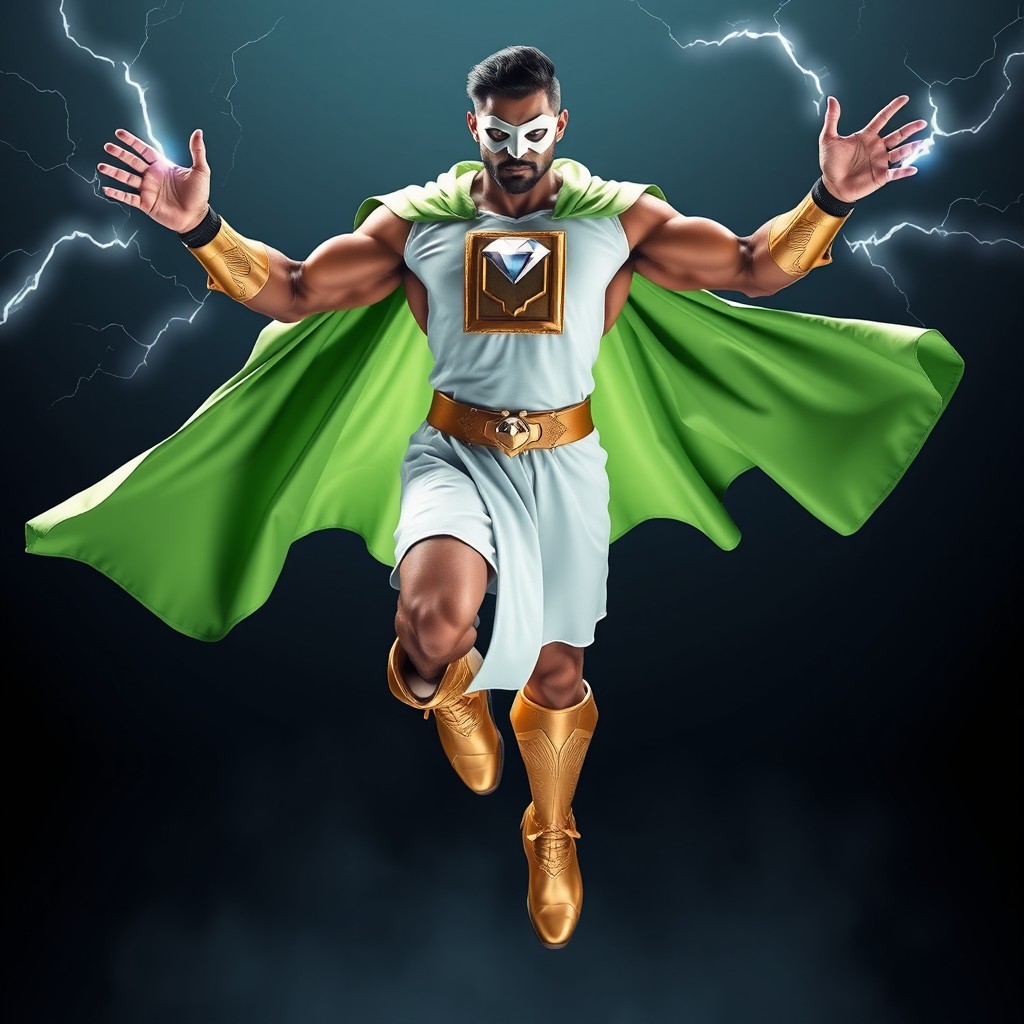 A tall, muscular Indian superhero depicted in a stunning full-length flying pose, rendered in exquisite 8k resolution
