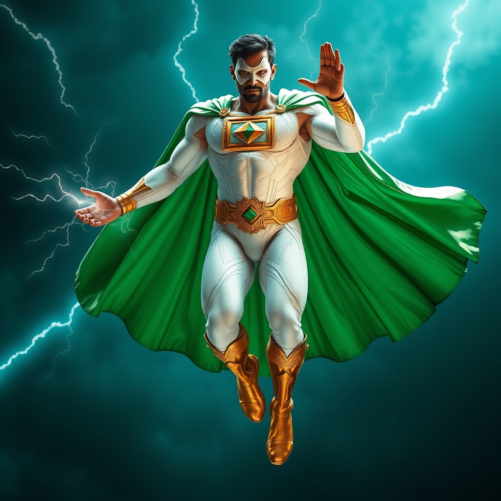 A tall, muscular Indian superhero depicted in a dynamic full-length flying pose, crafted in stunning 8k resolution
