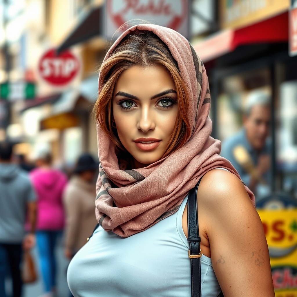 A beautiful Turkish woman with an attractive figure, proudly wearing a stylish scarf that complements her outfit