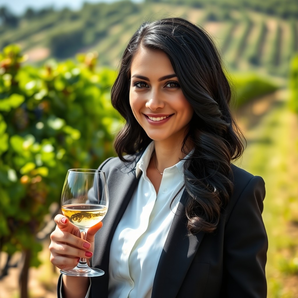 A stunning portrait of a 32-year-old South Italian female winemaker with beautiful black wavy hair and captivating black eyes