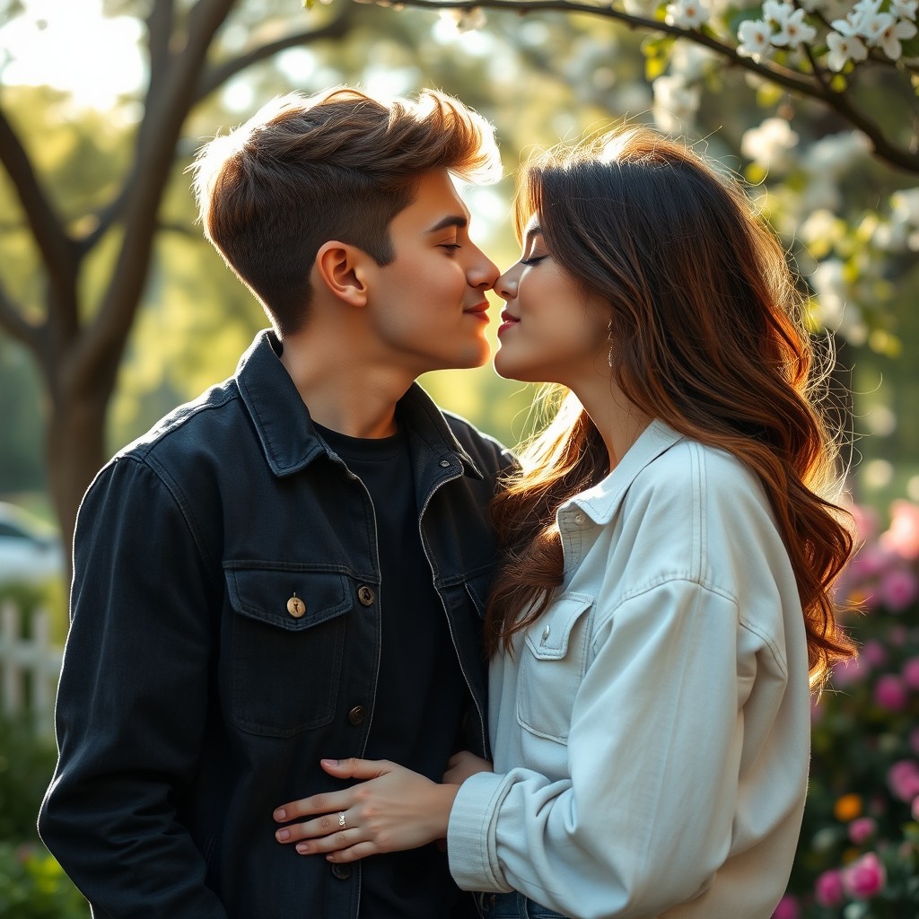 A romantic scene depicting a passionate kiss between a young couple, radiating chemistry and connection