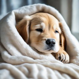 A golden retriever puppy sleeping soundly in a cozy woolen blanket. Around the puppy, it's a cold winter's night with snow gently falling outside a frosted window.