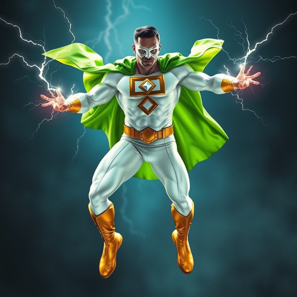 A tall, muscular Indian superhero depicted in a breathtaking full-length flying pose, rendered in stunning 8k resolution