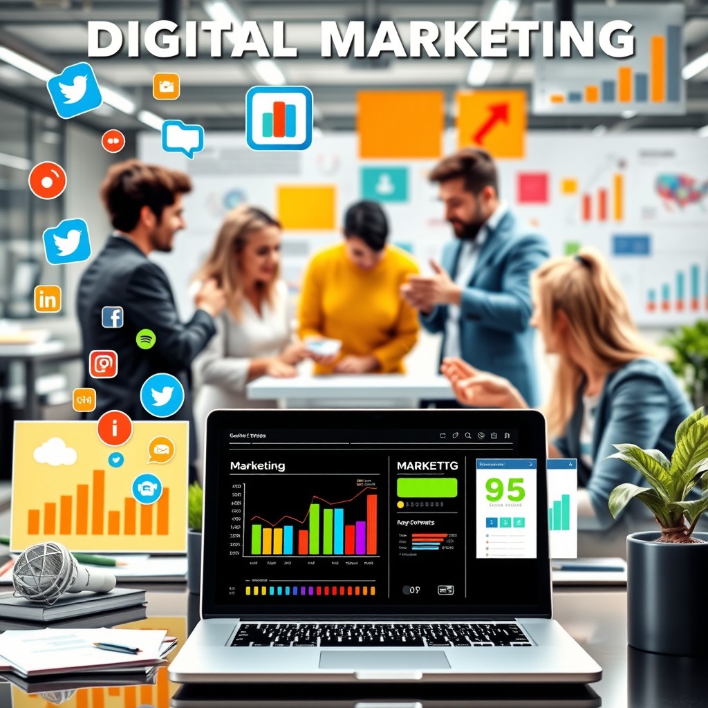 A vibrant digital marketing concept showcasing various elements such as social media icons, an analytical dashboard displaying graphs and key performance indicators, and a laptop with marketing tools on its screen