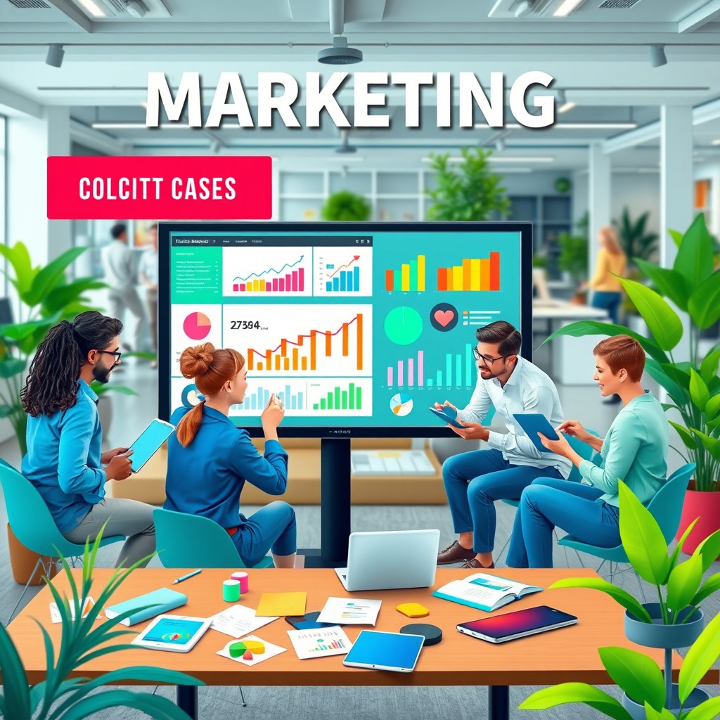 A vibrant and engaging digital marketing scene depicting a diverse group of professionals collaborating around a large digital screen with analytics and social media metrics displayed