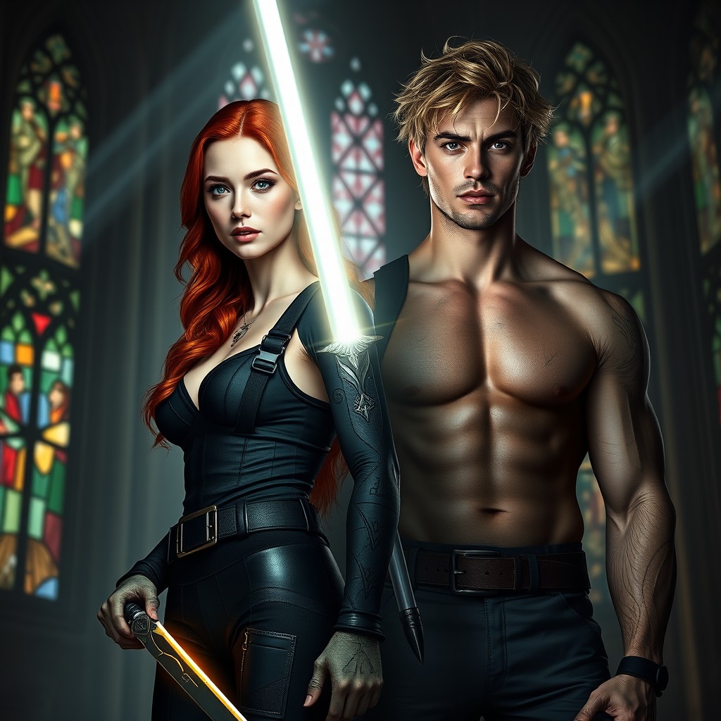 A young red-haired woman with emerald green eyes and a slim athletic build standing confidently next to a tall, muscular blonde man with striking golden eyes