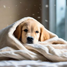 A golden retriever puppy sleeping soundly in a cozy woolen blanket. Around the puppy, it's a cold winter's night with snow gently falling outside a frosted window.