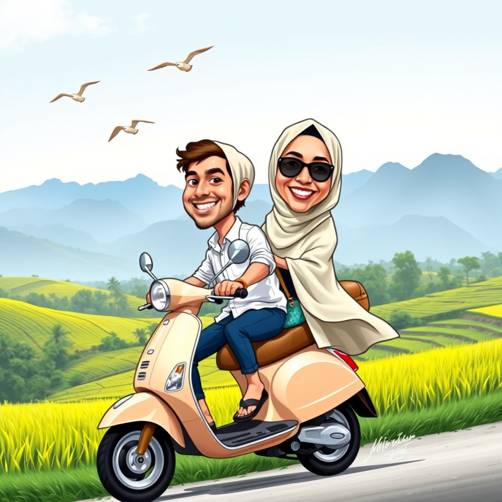 A vibrant caricature of two people riding a Vespa