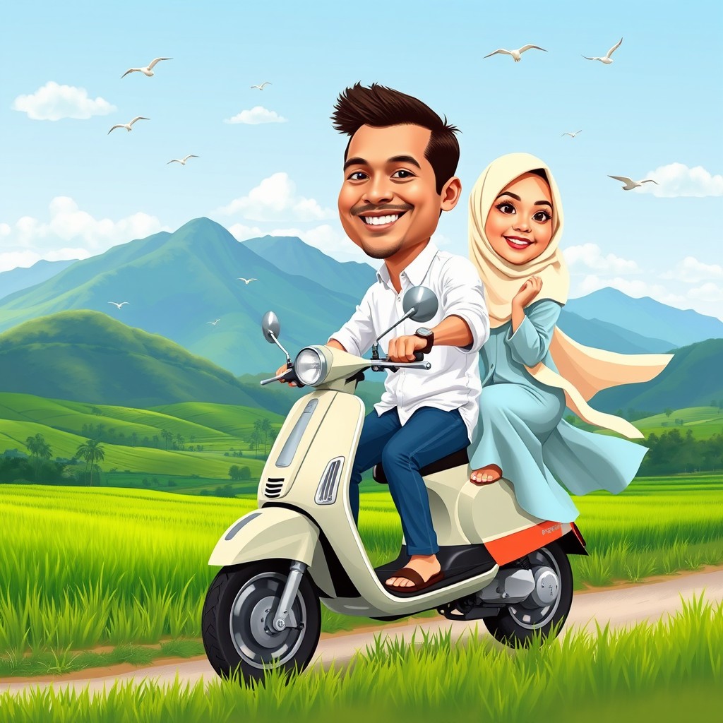 A vibrant caricature illustration of two people riding a Vespa
