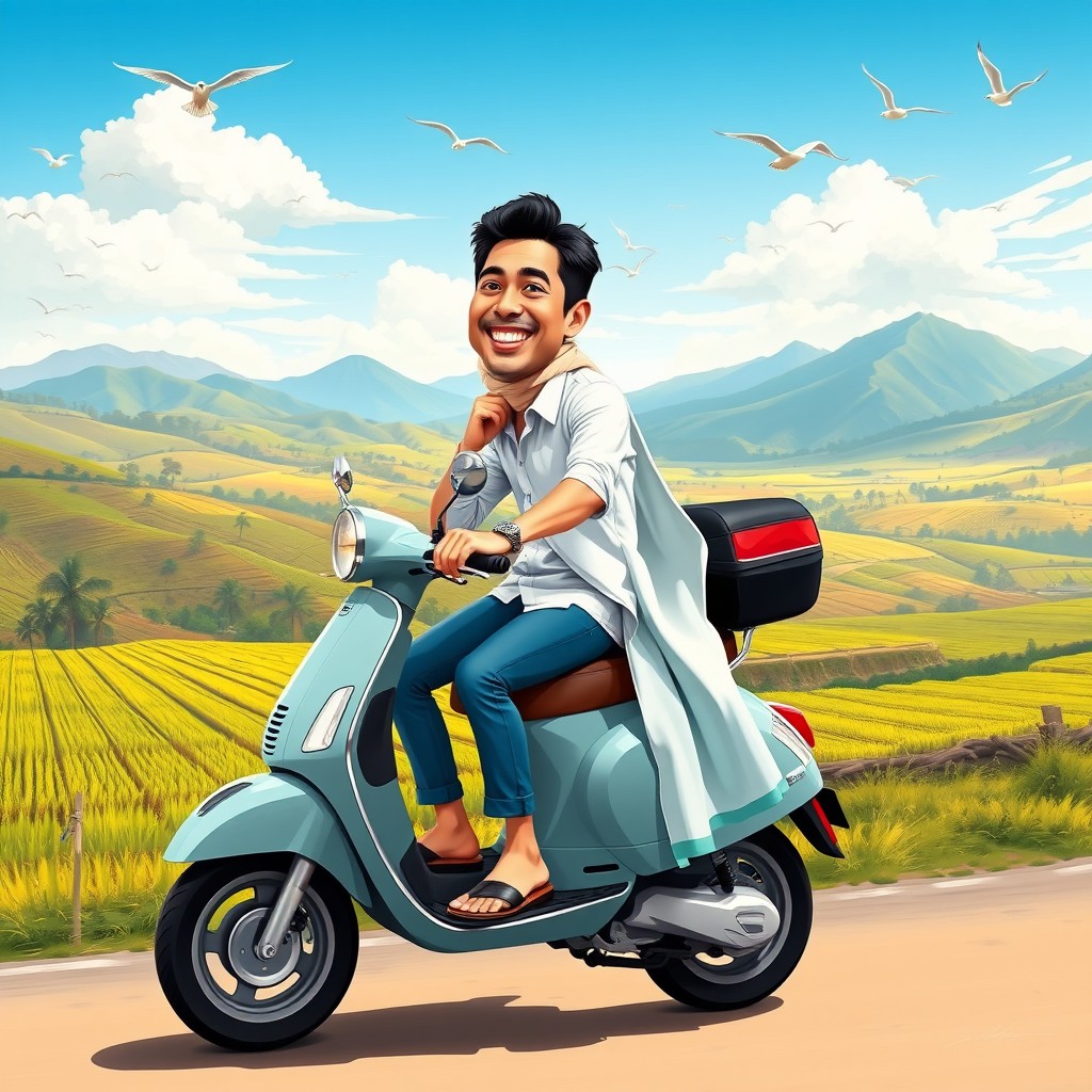 A vibrant caricature of two people joyfully riding a Vespa