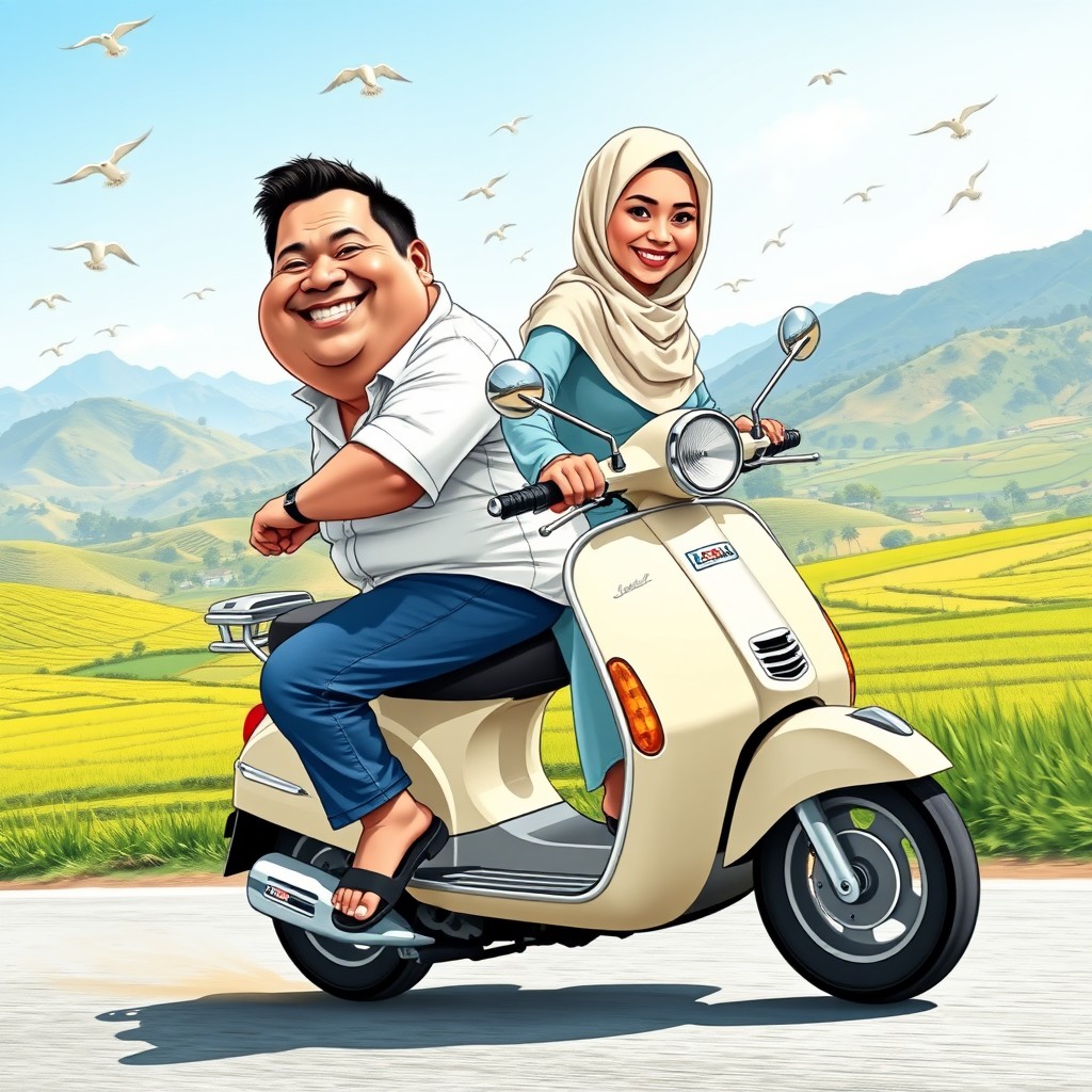 A lively caricature of two people riding a Vespa