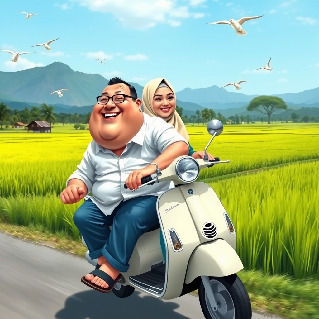 A vibrant caricature scene showcasing two people riding a Vespa