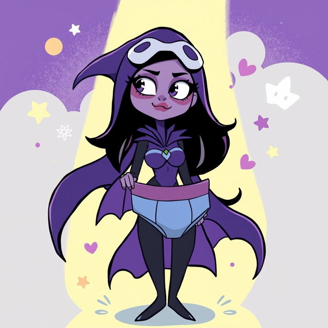 A stylized, whimsical illustration of Raven from Teen Titans, depicted in a humorous and slightly mischievous manner, surrounded by a playful atmosphere