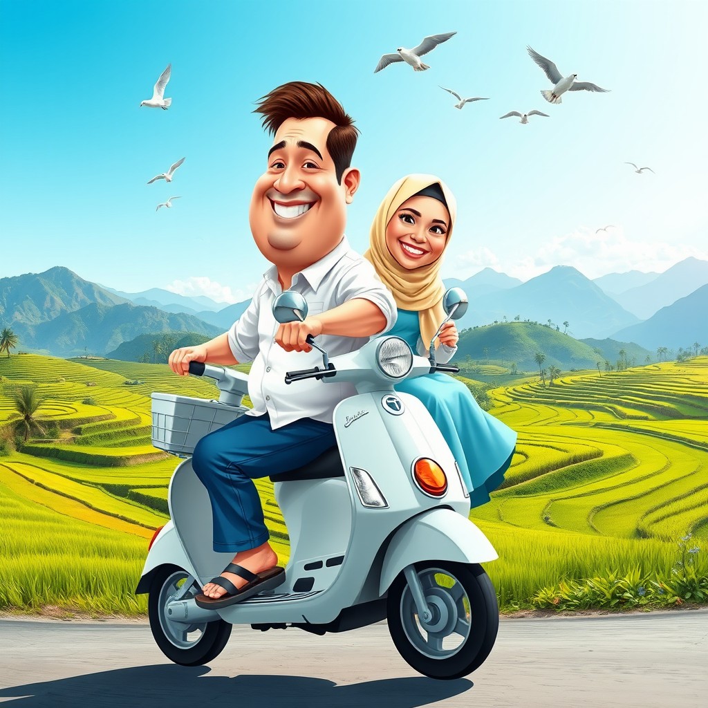 A vibrant caricature of two people riding a Vespa scooter