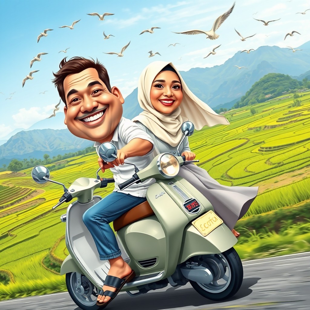 A lively caricature of two people riding a Vespa scooter